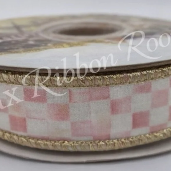 MacKenzie-Childs Rosy Check Pink Ribbon 2" Wired Luxury Gift Wrap Two (2) Yards - Picture 3 of 4